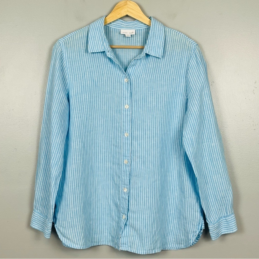 J.Jill LoveLinen blue & white stripe 100% linen button front shirt, small petite